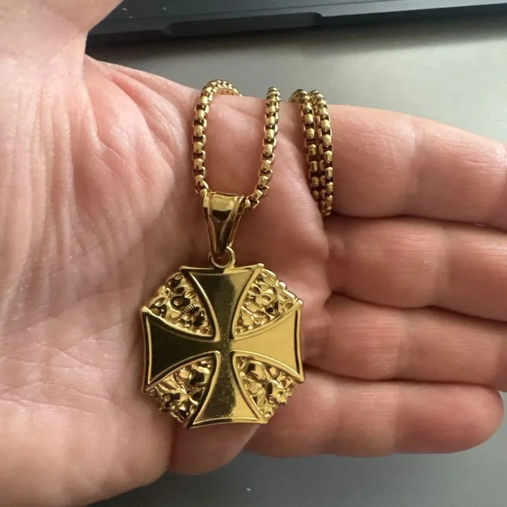 Viking Nordic Cross Skull Pendant Stainless Steel 24 Inch Chain Faith Gold Plate